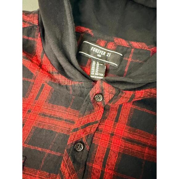 Forever 21 Red and Black Plaid Hooded Button-Up Shirt - Picture 3 of 8